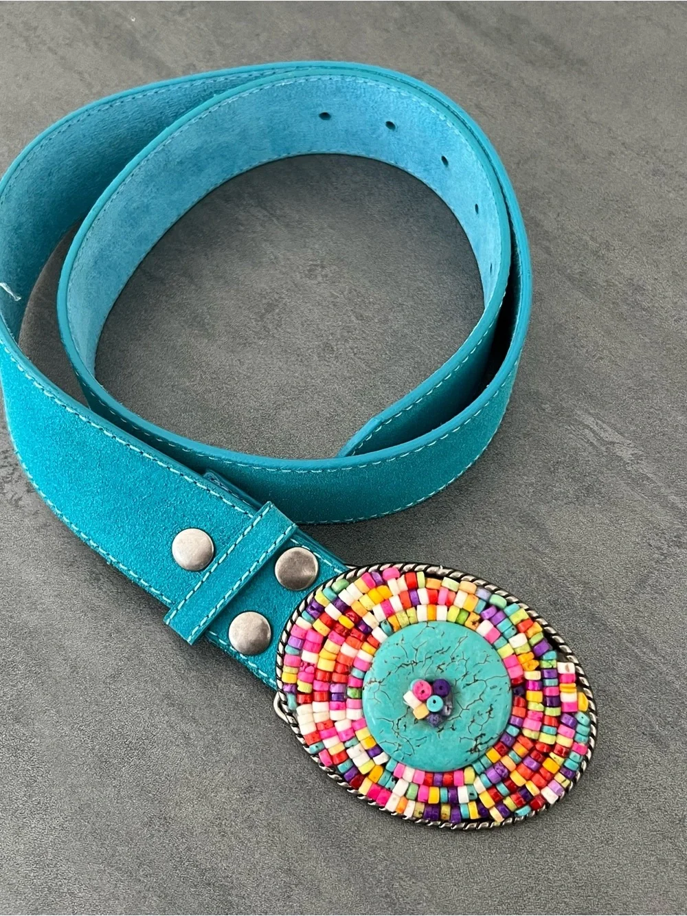 DC Vintage Turquoise Beaded Belt Buckle‎ Leather Women’s Size Medium / Large